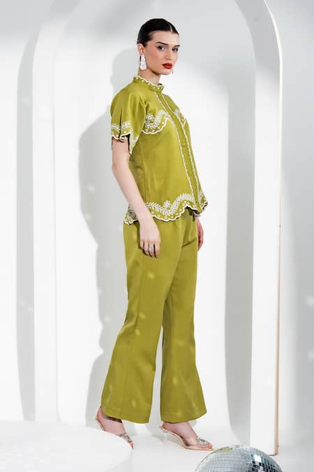 Enness Studio_Green Crepe Embroidery Mandarin Collar Top And Pant Set _Online_at_Aza_Fashions