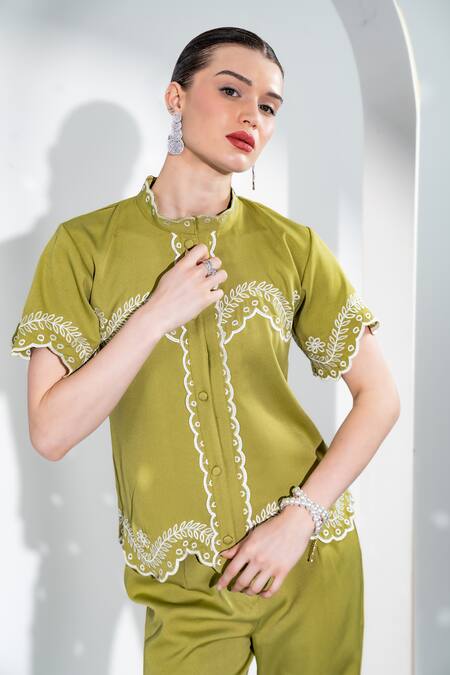 Buy_Enness Studio_Green Crepe Embroidery Mandarin Collar Top And Pant Set _Online_at_Aza_Fashions