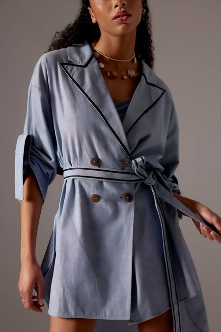 Mini Sondhi Blue Linen Embroidery, Applique Collared Chambray Jacket Dress Online at Aza Fashions Mini Sondhi_Blue Linen Embroidery, Applique Collared Chambray Jacket Dress _Online_at_Aza_Fashions