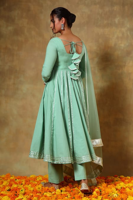 Pomcha Jaipur Green Cotton, Organza Gota Patti Round Neck Embroidered Anarkali Set Online at Aza Fashions Pomcha Jaipur_Green Cotton, Organza Gota Patti Round Neck Embroidered Anarkali Set _Online_at_Aza_Fashions