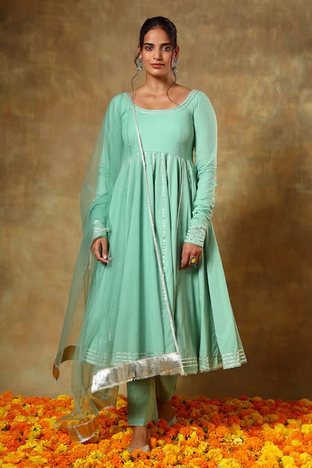 Buy Pomcha Jaipur Green Cotton, Organza Gota Patti Round Neck Embroidered Anarkali Set Online at Aza Fashions Buy_Pomcha Jaipur_Green Cotton, Organza Gota Patti Round Neck Embroidered Anarkali Set _Online_at_Aza_Fashions