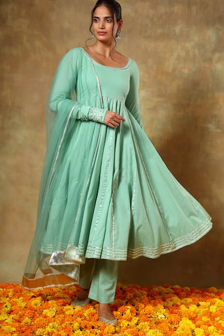 Shop Pomcha Jaipur Green Cotton, Organza Gota Patti Round Neck Embroidered Anarkali Set Online at Aza Fashions Shop_Pomcha Jaipur_Green Cotton, Organza Gota Patti Round Neck Embroidered Anarkali Set _Online_at_Aza_Fashions