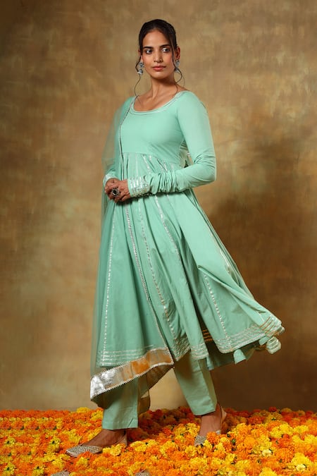 Pomcha Jaipur Green Cotton, Organza Gota Patti Round Neck Embroidered Anarkali Set at Aza Fashions Pomcha Jaipur_Green Cotton, Organza Gota Patti Round Neck Embroidered Anarkali Set _at_Aza_Fashions