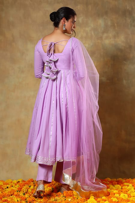 Pomcha Jaipur_Purple Cotton, Net Gota Patti Round Neck Lace Embroidered Anarkali Set _Online_at_Aza_Fashions