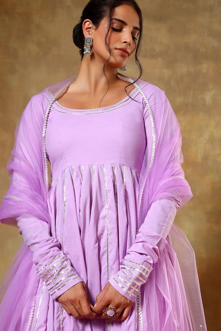 Buy_Pomcha Jaipur_Purple Cotton, Net Gota Patti Round Neck Lace Embroidered Anarkali Set _Online_at_Aza_Fashions
