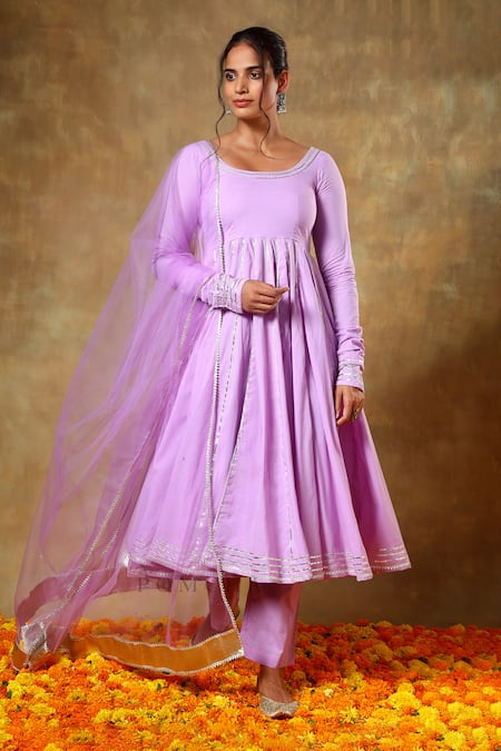 Shop_Pomcha Jaipur_Purple Cotton, Net Gota Patti Round Neck Lace Embroidered Anarkali Set _Online_at_Aza_Fashions