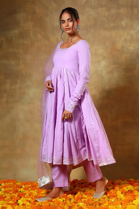 Pomcha Jaipur_Purple Cotton, Net Gota Patti Round Neck Lace Embroidered Anarkali Set _at_Aza_Fashions
