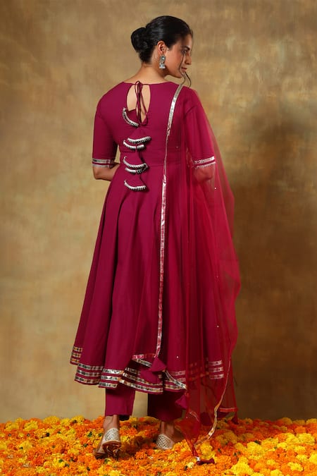 Pomcha Jaipur Red Cotton, Net Gota Patti Round Neck Lace Work Anarkali Set Online at Aza Fashions Pomcha Jaipur_Red Cotton, Net Gota Patti Round Neck Lace Work Anarkali Set _Online_at_Aza_Fashions