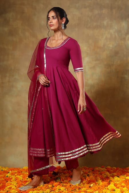 Shop Pomcha Jaipur Red Cotton, Net Gota Patti Round Neck Lace Work Anarkali Set Online at Aza Fashions Shop_Pomcha Jaipur_Red Cotton, Net Gota Patti Round Neck Lace Work Anarkali Set _Online_at_Aza_Fashions