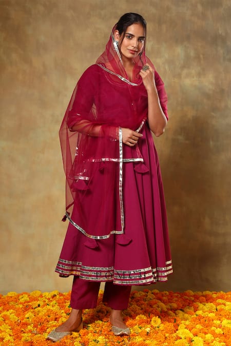 Pomcha Jaipur Red Cotton, Net Gota Patti Round Neck Lace Work Anarkali Set at Aza Fashions Pomcha Jaipur_Red Cotton, Net Gota Patti Round Neck Lace Work Anarkali Set _at_Aza_Fashions