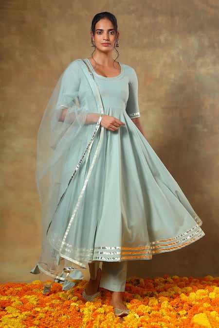 Buy_Pomcha Jaipur_Blue Cotton, Net Gota Patti Round Neck Embroidered Anarkali Pant Set _Online_at_Aza_Fashions