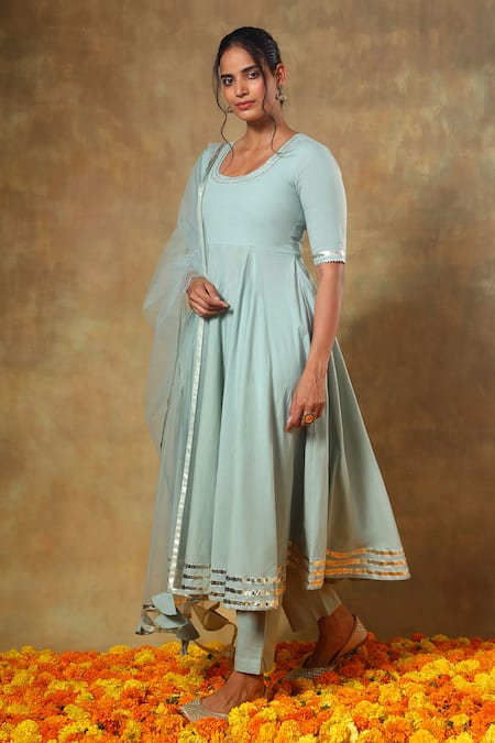 Shop_Pomcha Jaipur_Blue Cotton, Net Gota Patti Round Neck Embroidered Anarkali Pant Set _Online_at_Aza_Fashions