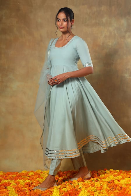 Pomcha Jaipur_Blue Cotton, Net Gota Patti Round Neck Embroidered Anarkali Pant Set _at_Aza_Fashions