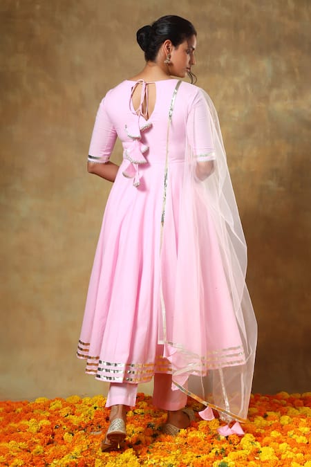 Pomcha Jaipur_Pink Cotton, Net Gota Patti Round Neck Lace Embroidered Anarkali Pant Set _Online_at_Aza_Fashions