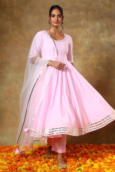 Buy_Pomcha Jaipur_Pink Cotton, Net Gota Patti Round Neck Lace Embroidered Anarkali Pant Set _Online_at_Aza_Fashions