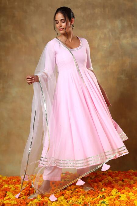Shop_Pomcha Jaipur_Pink Cotton, Net Gota Patti Round Neck Lace Embroidered Anarkali Pant Set _Online_at_Aza_Fashions
