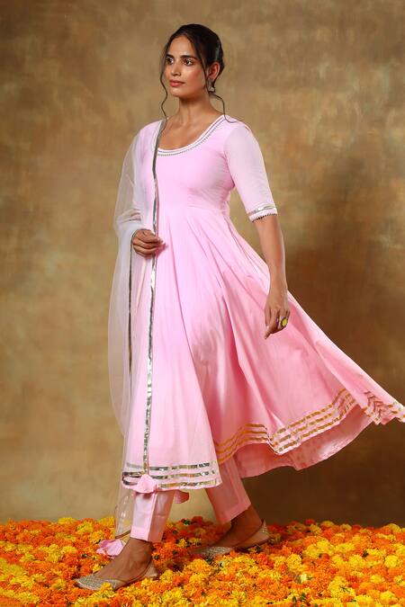 Pomcha Jaipur_Pink Cotton, Net Gota Patti Round Neck Lace Embroidered Anarkali Pant Set _at_Aza_Fashions