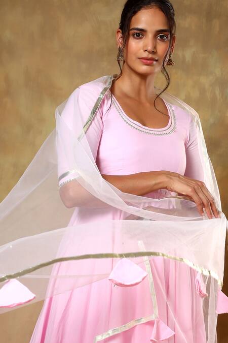 Buy_Pomcha Jaipur_Pink Cotton, Net Gota Patti Round Neck Lace Embroidered Anarkali Pant Set 