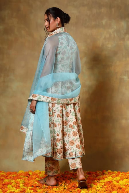 Pomcha Jaipur Beige Cotton, Organza Embroidery, Gota Patti Halter Floral Print Anarkali Set Online at Aza Fashions Pomcha Jaipur_Beige Cotton, Organza Embroidery, Gota Patti Halter Floral Print Anarkali Set _Online_at_Aza_Fashions