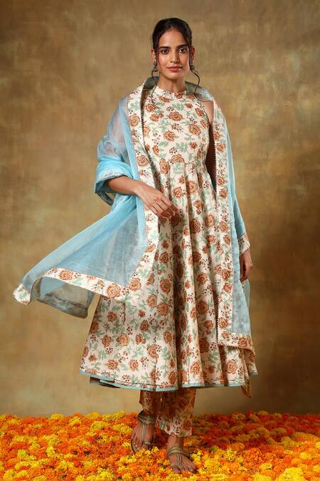 Shop Pomcha Jaipur Beige Cotton, Organza Embroidery, Gota Patti Halter Floral Print Anarkali Set Online at Aza Fashions Shop_Pomcha Jaipur_Beige Cotton, Organza Embroidery, Gota Patti Halter Floral Print Anarkali Set _Online_at_Aza_Fashions