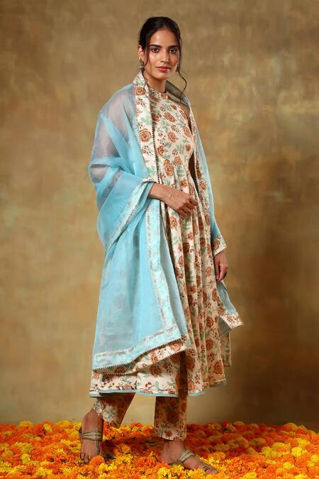 Pomcha Jaipur Beige Cotton, Organza Embroidery, Gota Patti Halter Floral Print Anarkali Set at Aza Fashions Pomcha Jaipur_Beige Cotton, Organza Embroidery, Gota Patti Halter Floral Print Anarkali Set _at_Aza_Fashions
