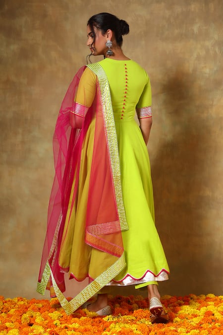 Pomcha Jaipur_Green Cotton, Net Gota Patti V-neck V Anarkali Pant Set _Online_at_Aza_Fashions