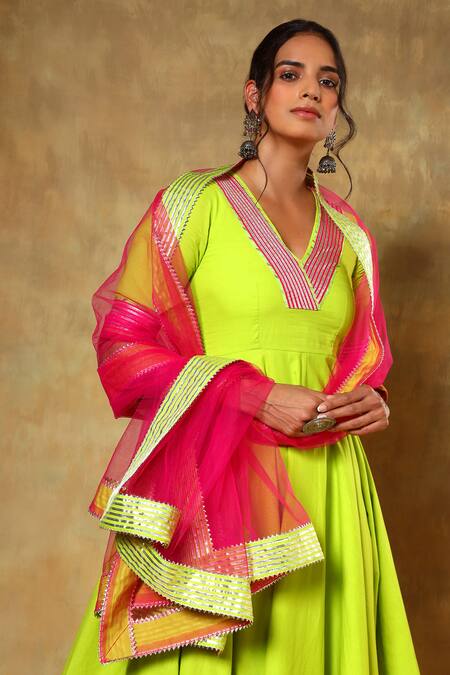 Shop_Pomcha Jaipur_Green Cotton, Net Gota Patti V-neck V Anarkali Pant Set _Online_at_Aza_Fashions