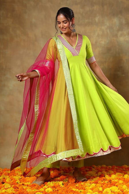 Pomcha Jaipur_Green Cotton, Net Gota Patti V-neck V Anarkali Pant Set _at_Aza_Fashions