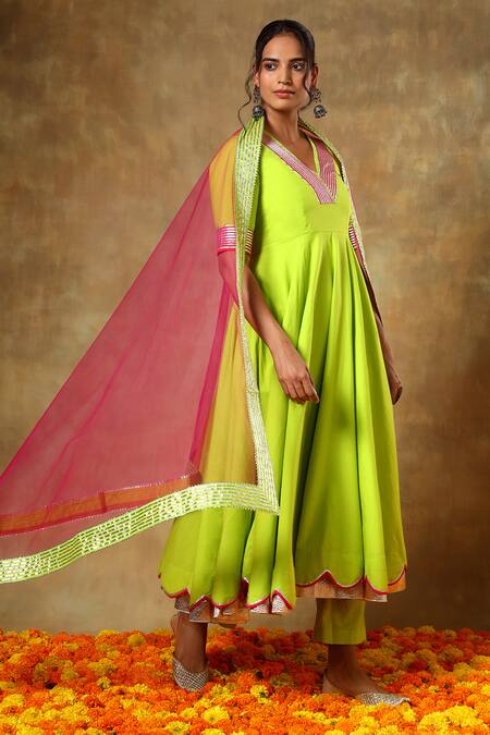 Buy_Pomcha Jaipur_Green Cotton, Net Gota Patti V-neck V Anarkali Pant Set 