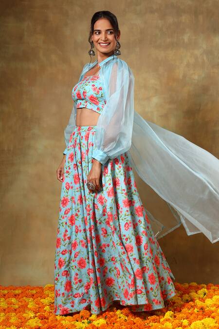 Buy_Pomcha Jaipur_Blue Cotton, Organza Embroidery Square Neck, Floral Print Lehenga Set With Shrug _Online_at_Aza_Fashions