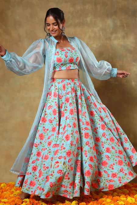 Shop_Pomcha Jaipur_Blue Cotton, Organza Embroidery Square Neck, Floral Print Lehenga Set With Shrug _Online_at_Aza_Fashions