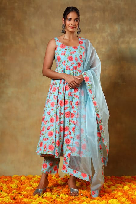 POMCHA JAIPUR Blue Anarkali And Pant Cotton Printed Floral Round Set 