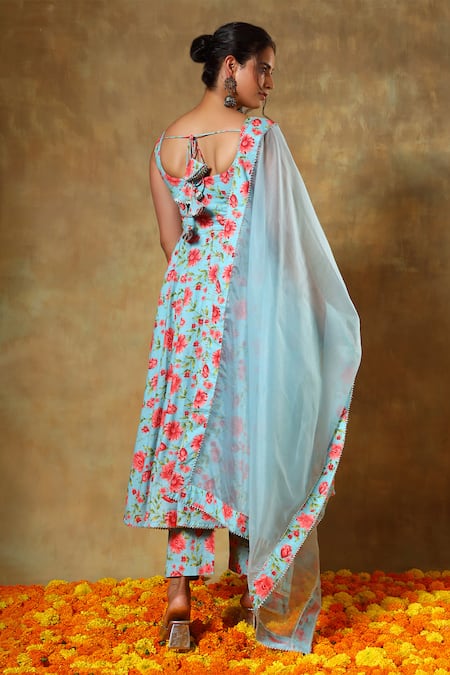 Pomcha Jaipur_Blue Cotton, Organza Embroidery, Gota Patti Round Floral Print Anarkali Pant Set _Online_at_Aza_Fashions