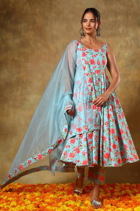 Buy_Pomcha Jaipur_Blue Cotton, Organza Embroidery, Gota Patti Round Floral Print Anarkali Pant Set _Online_at_Aza_Fashions