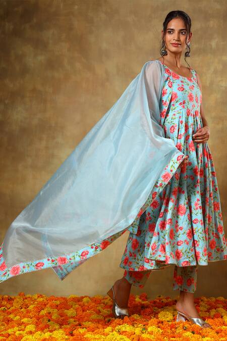 Shop_Pomcha Jaipur_Blue Cotton, Organza Embroidery, Gota Patti Round Floral Print Anarkali Pant Set _Online_at_Aza_Fashions