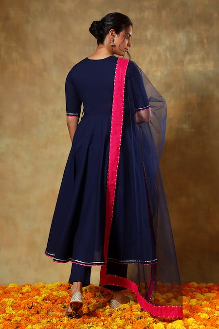 Shop Pomcha Jaipur Blue Cotton, Chiffon Lace, Tassels V-neck Angrakha Set at Aza Fashions Shop_Pomcha Jaipur_Blue Cotton, Chiffon Lace, Tassels V-neck Angrakha Set _at_Aza_Fashions