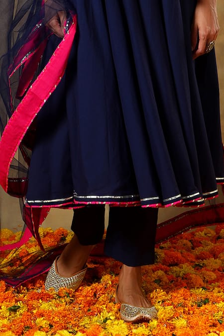 Pomcha Jaipur Blue Cotton, Chiffon Lace, Tassels V-neck Angrakha Set Online at Aza Fashions Pomcha Jaipur_Blue Cotton, Chiffon Lace, Tassels V-neck Angrakha Set _Online_at_Aza_Fashions