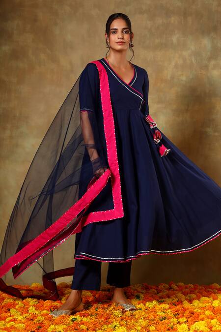 Buy Pomcha Jaipur Blue Cotton, Chiffon Lace, Tassels V-neck Angrakha Set Online at Aza Fashions Buy_Pomcha Jaipur_Blue Cotton, Chiffon Lace, Tassels V-neck Angrakha Set _Online_at_Aza_Fashions