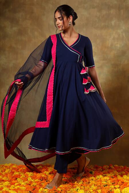 Shop Pomcha Jaipur Blue Cotton, Chiffon Lace, Tassels V-neck Angrakha Set Online at Aza Fashions Shop_Pomcha Jaipur_Blue Cotton, Chiffon Lace, Tassels V-neck Angrakha Set _Online_at_Aza_Fashions