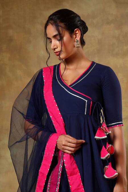 Pomcha Jaipur Blue Cotton, Chiffon Lace, Tassels V-neck Angrakha Set at Aza Fashions Pomcha Jaipur_Blue Cotton, Chiffon Lace, Tassels V-neck Angrakha Set _at_Aza_Fashions