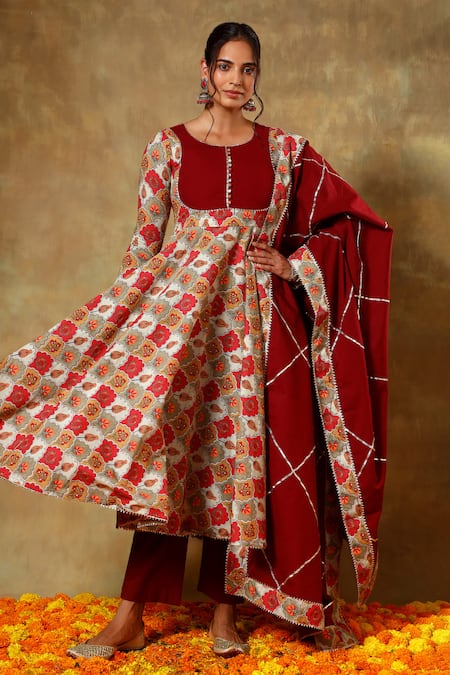 POMCHA JAIPUR Maroon Cotton Printed Geometric Round Floral Anarkali Set 