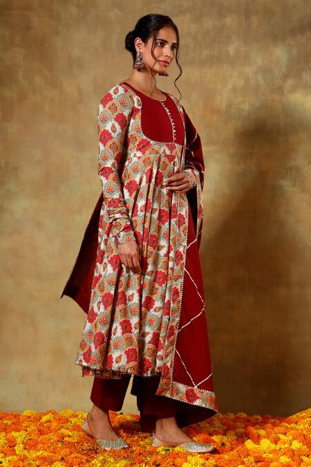 Shop_Pomcha Jaipur_Maroon Cotton Embroidery Round Neck Floral Print Anarkali Set _Online_at_Aza_Fashions