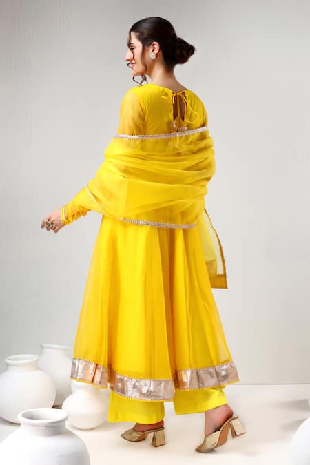 Pomcha Jaipur Yellow Organza, Cotton Gota Patti V-neck Embroidered Anarkali Set Online at Aza Fashions Pomcha Jaipur_Yellow Organza, Cotton Gota Patti V-neck Embroidered Anarkali Set _Online_at_Aza_Fashions