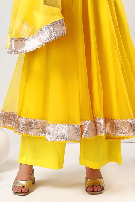 Buy Pomcha Jaipur Yellow Organza, Cotton Gota Patti V-neck Embroidered Anarkali Set Online at Aza Fashions Buy_Pomcha Jaipur_Yellow Organza, Cotton Gota Patti V-neck Embroidered Anarkali Set _Online_at_Aza_Fashions