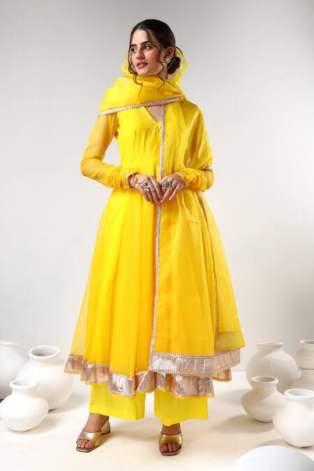 Shop Pomcha Jaipur Yellow Organza, Cotton Gota Patti V-neck Embroidered Anarkali Set Online at Aza Fashions Shop_Pomcha Jaipur_Yellow Organza, Cotton Gota Patti V-neck Embroidered Anarkali Set _Online_at_Aza_Fashions