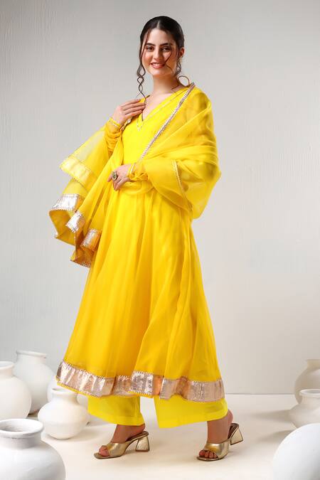 Pomcha Jaipur Yellow Organza, Cotton Gota Patti V-neck Embroidered Anarkali Set at Aza Fashions Pomcha Jaipur_Yellow Organza, Cotton Gota Patti V-neck Embroidered Anarkali Set _at_Aza_Fashions