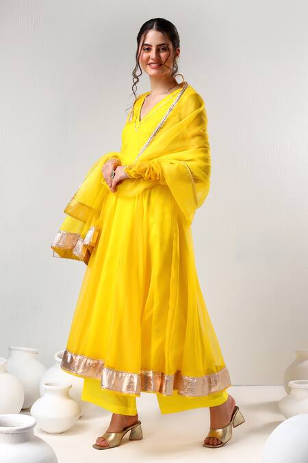 Buy Pomcha Jaipur Yellow Organza, Cotton Gota Patti V-neck Embroidered Anarkali Set Buy_Pomcha Jaipur_Yellow Organza, Cotton Gota Patti V-neck Embroidered Anarkali Set