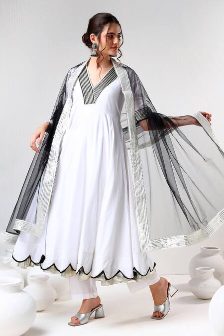 Shop_Pomcha Jaipur_White Cotton, Net Gota Patti V-neck Embroidered Anarkali Pant Set _Online_at_Aza_Fashions