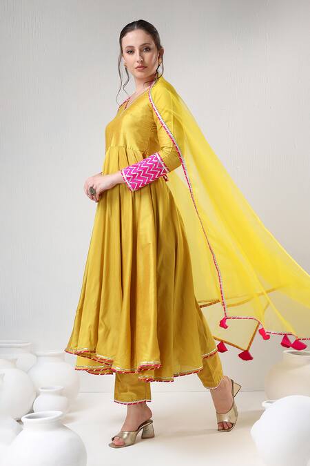 Shop Pomcha Jaipur Yellow Cotton, Silk, Organza Gota Patti, Embroidery V-neck Lace Anarkali Set Online at Aza Fashions Shop_Pomcha Jaipur_Yellow Cotton, Silk, Organza Gota Patti, Embroidery V-neck Lace Anarkali Set _Online_at_Aza_Fashions