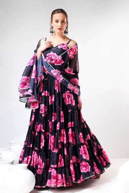 Buy Pomcha Jaipur Black Organza, Cotton Gota Patti, Embroidery Floral Print Blouse Lehenga Set Online at Aza Fashions Buy_Pomcha Jaipur_Black Organza, Cotton Gota Patti, Embroidery Floral Print Blouse Lehenga Set _Online_at_Aza_Fashions